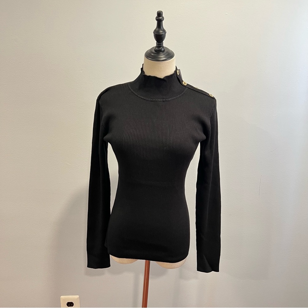 Cable & Gauge Black Long Sleeves High Neck Sweater W/Gold Accent Buttons Reemoly